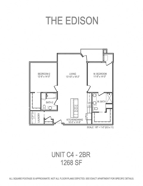 Floor plan for 2 beds, 2 baths, 1268 sqft